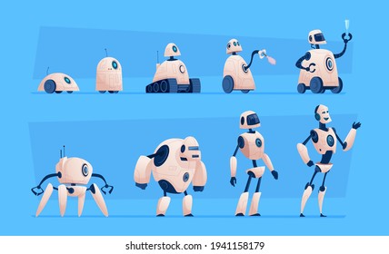 Smart technic evolution. Cyborg home chatbot android from steel exact vector flat characters isolated