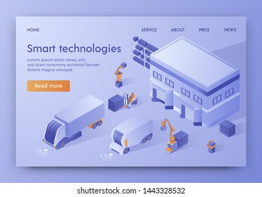 Smart Technologies Banner. Self Driving Automatic Guided Vehicle Trucks, Loaders, Forklift Stand Near Warehouse. Commercial Delivery Service, Business Logistic Company Isometric 3d Vector Illustration