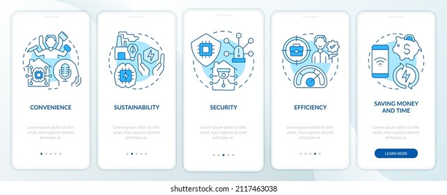 Smart technologies benefits blue onboarding mobile app screen. Security walkthrough 5 steps graphic instructions pages with linear concepts. UI, UX, GUI template. Myriad Pro-Bold, Regular fonts used