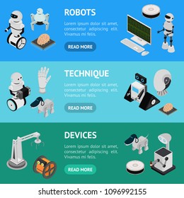 Smart Technologies Devices Banner Horizontal Set Isometric View Innovation Futuristic System Equipment Ai, Robot and Arm. Vector illustration