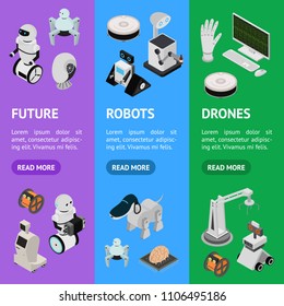 Smart Technologies Devices Banner Vecrtical Set Isometric View Innovation Futuristic System Equipment Ai, Robot and Arm. Vector illustration