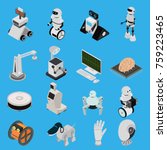 Smart Technologies Devices Icons Set Isometric View on a Blue Background Innovation Futuristic System Equipment Ai, Robot and Arm. Vector illustration