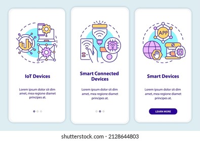 Smart technologies examples onboarding mobile app screen. Iot devices walkthrough 3 steps graphic instructions pages with linear concepts. UI, UX, GUI template. Myriad Pro-Bold, Regular fonts used