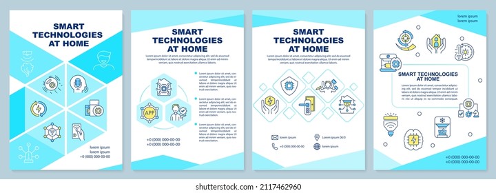 Smart technologies at home turquoise brochure template. Gadgets control. Leaflet design with linear icons. 4 vector layouts for presentation, annual reports. Arial-Black, Myriad Pro-Regular fonts used