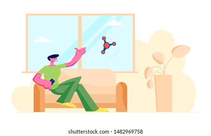 Smart Technologies in Human Life. Man Use Robot in Household Chores, Automated Window Cleaner Doing Housework. Internet of Things Automation, Artificial Intelligence Cartoon Flat Vector Illustration