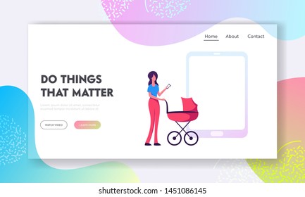 Smart Technologies in Human Life Website Landing Page, Woman with Baby Stroller Stand at Huge Smartphone Using Phone, Communication and Social Media Web Page. Cartoon Flat Vector Illustration, Banner