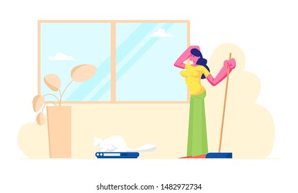 Smart Technologies in Human Life. Woman Use Robot in Household Chores, Automated Vacuum Cleaner Doing Housework. Internet of Things Automation, Artificial Intelligence Cartoon Flat Vector Illustration