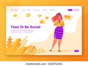 Smart technologies in human life. Young woman with smartphone chatting and texting using internet services and gadget. Social media concept for web page tamlate. Cartoon, flat, vector illustration.