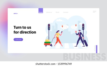 Smart Technologies Lifestyle Website Landing Page. Travelers Use Map on Mobile Phone App Searching Route Location of Place with Gps on Street Crosswalk Web Page Banner. Flat Vector Illustration