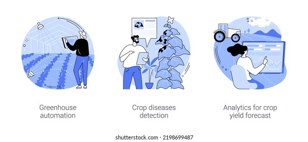 Smart technologies for modern farming isolated cartoon vector illustrations set. Greenhouse automation, crop diseases detection, analytics for crop yield forecast, data analysis vector cartoon.