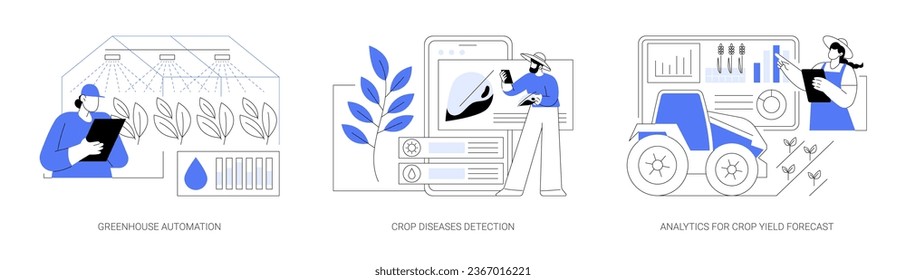 Tecnologías inteligentes para la agricultura moderna aisladas ilustraciones vectoriales de dibujos animados conjunto. Automatización de invernadero, detección de enfermedades de los cultivos, análisis de pronóstico de rendimiento de cultivos, análisis de datos de caricatura vectorial.