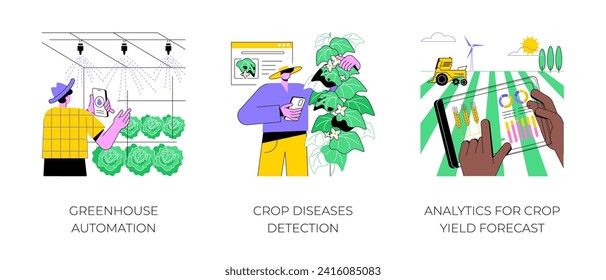 Smart technologies for modern farming isolated cartoon vector illustrations set. Greenhouse automation, crop diseases detection, analytics for crop yield forecast, data analysis vector cartoon.