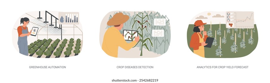 Tecnologias inteligentes para agricultura moderna conjunto de ilustrações de vetor de desenho animado isolado. Automação de estufa, detecção de doenças de culturas, análise para previsão de rendimento de culturas, análise de dados de desenhos animados vetoriais.