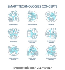 Smart technologies turquoise concept icons set. Iot devices idea thin line color illustrations. Sustainable solution. Isolated symbols. Editable stroke. Roboto-Medium, Myriad Pro-Bold fonts used