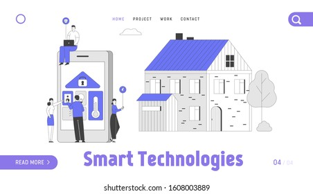 Smart Technologies Website Landing Page. People at Huge Tablet with App for House System Centralized Control. Ventilation Security Service Web Page Banner. Cartoon Flat Vector Illustration, Line Art