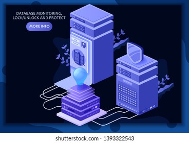 Smart technology in 3d isometric style. Business concept, illustration with database and data servers.