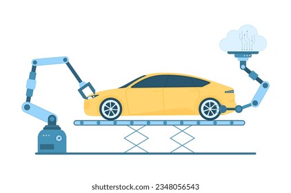 Smart technology of car production vector illustration. Cartoon isolated automated smart robot arm and AI work and build automobile on automotive conveyor, assembly process automation of vehicle