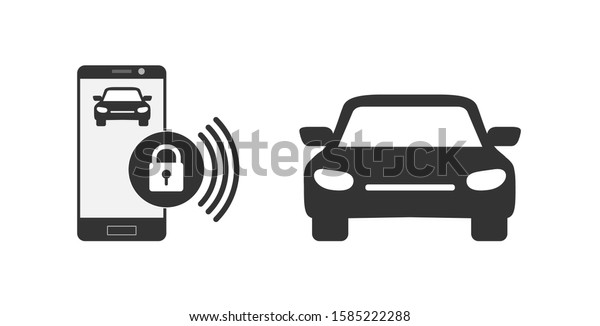 Smart technology. Car security\
control on smartphone. Isolated on a white background. Flat\
style.