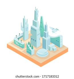 Smart technology city model isolated on white background. Commercial multistory building apartment. Environmentally friendly, sustainable urban ecosystem area. Contemporary aircraft transport