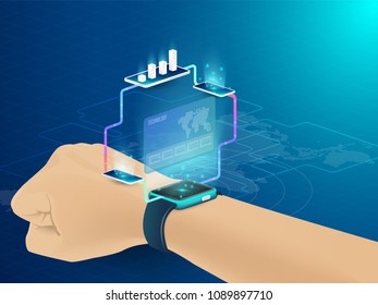 Smart technology and Cryptocurrency and blockchain Isometric Concept. modern technology with Mobile Phone and smart watch. analysts and managers working on blockchain start up