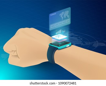 Smart technology and Cryptocurrency and blockchain Isometric Concept. modern technology with Mobile Phone and smart watch. analysts and managers working on blockchain start up