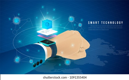 Smart technology and Cryptocurrency and blockchain Isometric Concept. modern technology with Mobile Phone and smart watch. analysts and managers working on blockchain start up