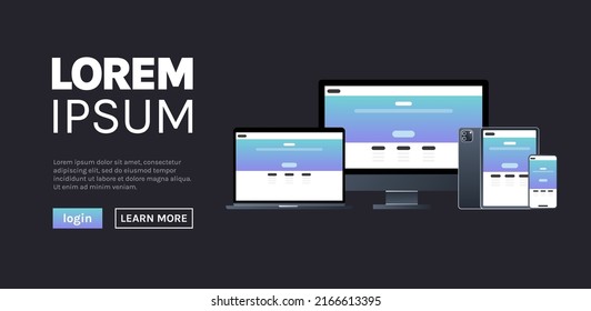 Smart technology devices on black background and responsive web design flat vector illustration.
