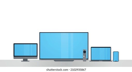 Smart technology devices on white background and responsive web design flat vector illustration.
