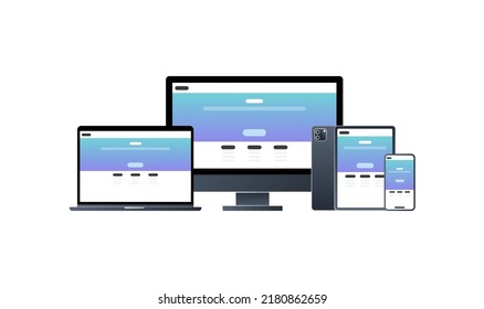 Smart technology devices on white background and responsive web design flat vector illustration.