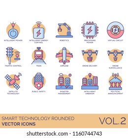 Iconos planos de tecnología inteligente. Energía inteligente, robótica, procesamiento, circuito virtual, control de tráfico, tren, avión, vigilancia de drones, satélite, seguridad pública, gestión de desastres, urbanismo.