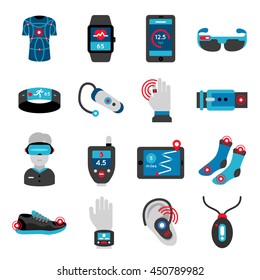 Smart technology flat icons set with sportswear belt ring braselet medical equipment sneakers watch isolated vector illustration