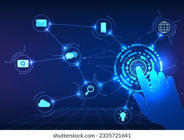 smart technology Hand pressing technology sign button with icons smart technology concept that has played a role with human beings and the expansion of the business to grow rapidly