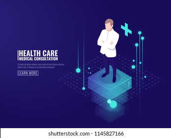 Smart Technology In Healthcare, Doctor Stays On Platform, Online Medical Consultation Isometric Vector Dark Neon