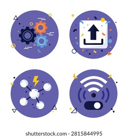 Smart technology icon collection featuring automation settings wireless connectivity upload and network controls isolated on white background modern vector illustration for digital systems and connected devices.