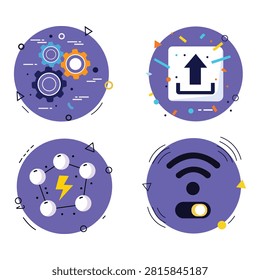 Smart technology icon collection featuring automation settings wireless connectivity upload and network controls isolated on white background modern vector illustration for digital systems and connected devices.
