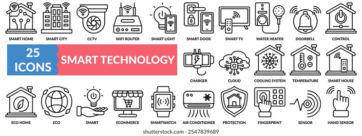 Conjunto de iconos de TECNOLOGÍA SMART con hogar inteligente, ciudad inteligente, CCTV, enrutador wifi, luz, puerta inteligente, timbre, escaneo de huellas dactilares, sensor y otros.