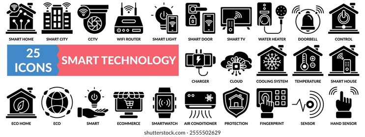 SMART TECHNOLOGY icon set with smart home, smart city, cctv, wifi router, light, smart door, doorbell, fingerprint scan, sensor, and others.