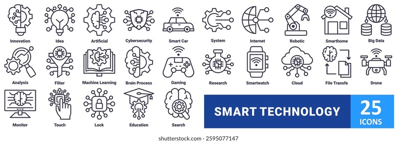 Smart Technology icon set. with icon innovation, idea, artificial, cybersecurity, smart car, system, internet, robotic, smarthome, big data, analysis, filter, machine learning, brain process, gaming