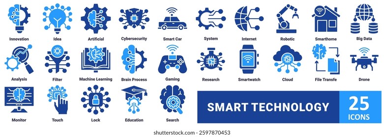 Smart Technology icon set. with icon innovation, idea, artificial, cybersecurity, smart car, system, internet, robotic, smarthome, big data, analysis, filter, machine learning, brain process, gaming