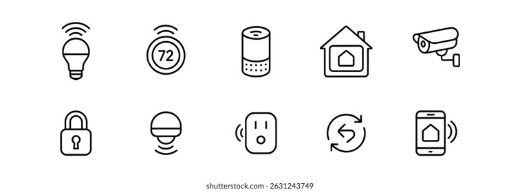 Smart technology icon set - line, home automation, security, and device symbols