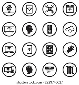 Iconos de tecnología inteligente. Diseño Plano Negro En Círculo. Ilustración vectorial.
