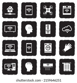 Smart Technology Icons. Grunge Black Flat Design. Vector Illustration.