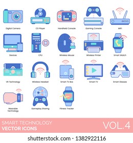 Iconos de tecnología inteligente que incluyen cámara digital, reproductor de cd, consola portátil, juegos, wifi, dispositivo, CPU, ratón inalámbrico, impresora, reloj, VR, auriculares, TV, gafas, portátil, jugabilidad, rastreador de fitness.