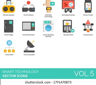 Smart technology icons including wireless speaker, glasses, wearable, gameplay sharing, fitness tracker, fridge, microwave, washing machine, security panel, smoke sensor, automation, communication.