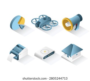 Smart Technology Icons Set with Drone Wireless Charger Smart Home Printer Megaphone and Business Analytics