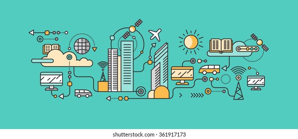 Smart technology in infrastructure city. Icon and network system, communication innovation town, connection and future, control information, internet. Smart industry city system development management