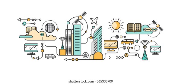 Smart Technology In Infrastructure City. Icon And Network System, Communication Innovation Town, Connection And Future, Control Information, Internet. Smart Industry City System Development Management