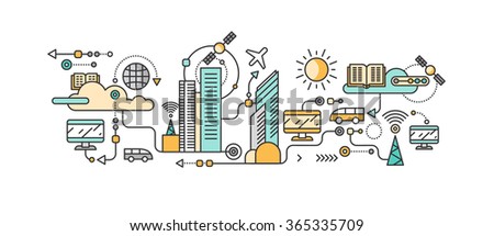 Smart technology in infrastructure city. Icon and network system, communication innovation town, connection and future, control information, internet. Smart industry city system development management