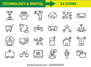 Tecnologia Inteligente e Internet das Coisas (IoT) Line Icons Bundle Com Impressão 3D, Realidade Aumentada, Computação em Nuvem, Controladores de Jogos, Dispositivos Domésticos Inteligentes, Compras Online, SEO, Pagamentos Móveis