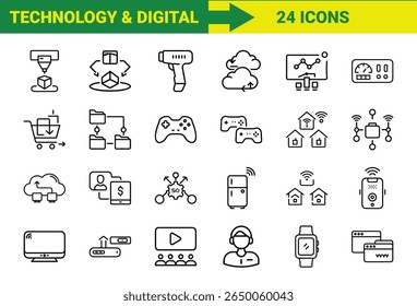 Smart Technology and Internet of Things (IoT) Line Icons Bundle Featuring 3D Printing, Augmented Reality, Cloud Computing, Gaming Controllers, Smart Home Devices, Online Shopping, SEO, Mobile Payments